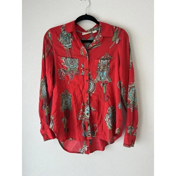 Maeve Anthropologie Whimsy Button Up Shirt Women Sz 6 Red All Over Print Motif - Picture 2 of 9